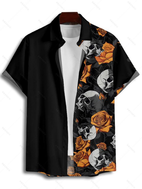 Gothic Couple Outfit Skulls Rose Pattern Spaghetti Strap V Neck A Line Mini Tank Dress and Button Up Shirt Holiday Matching Outfit - Noir S | US 4