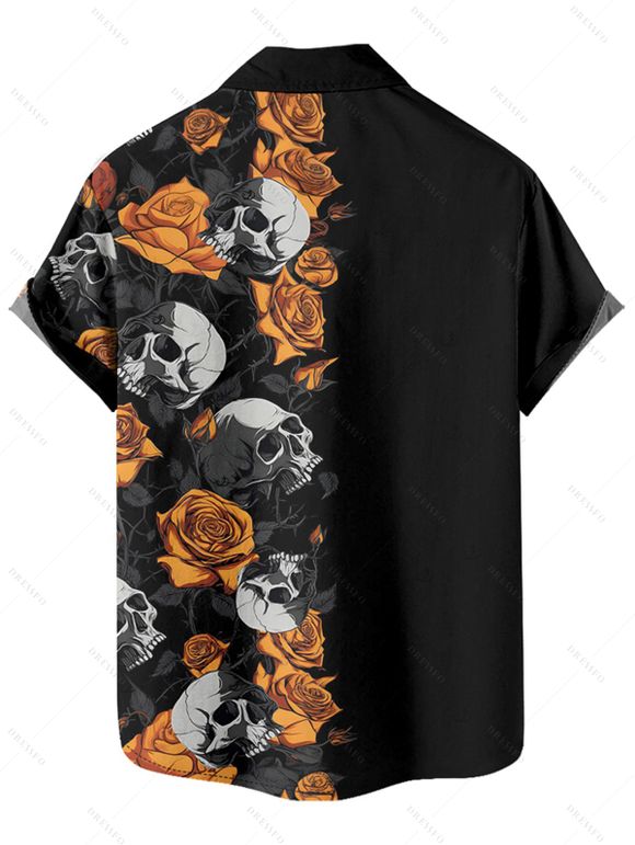 Gothic Couple Outfit Skulls Rose Pattern Spaghetti Strap V Neck A Line Mini Tank Dress and Button Up Shirt Holiday Matching Outfit - Noir S | US 4