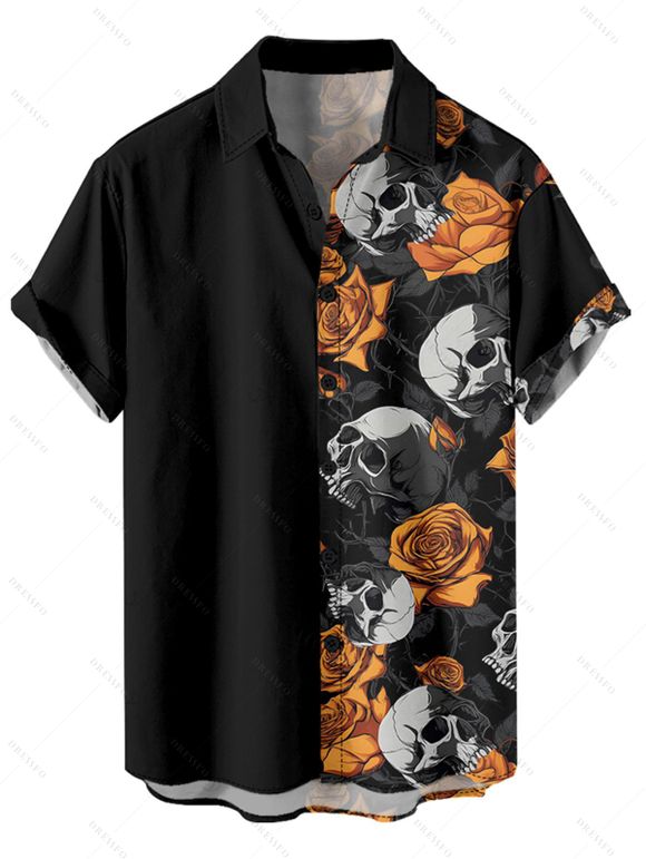 Gothic Couple Outfit Skulls Rose Pattern Spaghetti Strap V Neck A Line Mini Tank Dress and Button Up Shirt Holiday Matching Outfit - Noir S | US 4