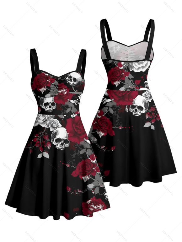 Robe gothique à motif de feuilles et buste froncé, col en cœur, mini robe de vacances trapèze - Noir M | US 6