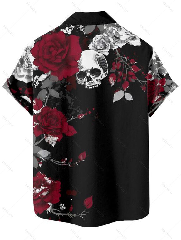 Chemise gothique à manches courtes et boutons pour homme, motif tête de mort, feuilles et roses - Noir 2XL