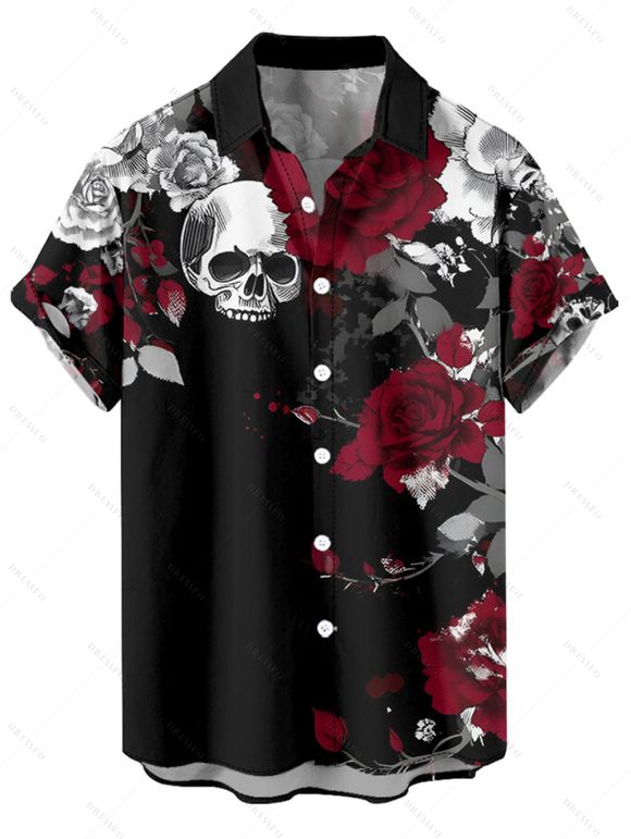 Chemise gothique à manches courtes et boutons pour homme, motif tête de mort, feuilles et roses - Noir 2XL