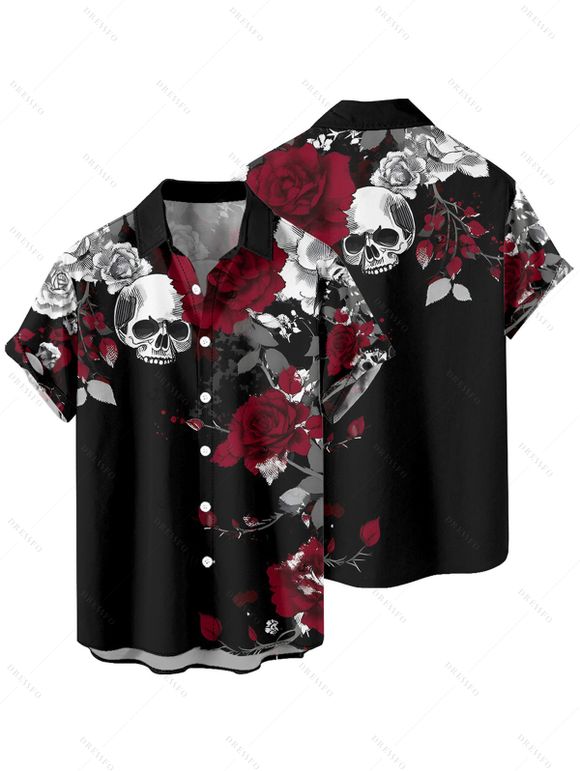Chemise gothique à manches courtes et boutons pour homme, motif tête de mort, feuilles et roses - Noir 2XL