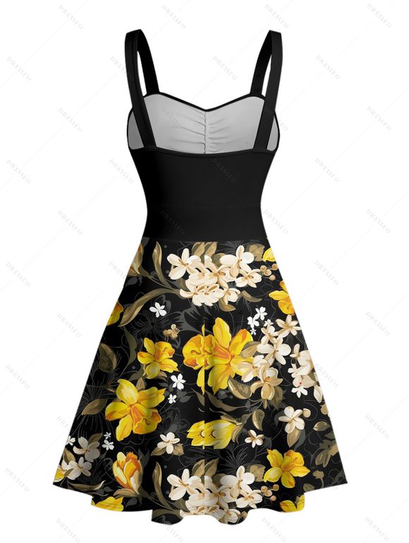 Robe de vacances à motif de feuilles de jonquilles, buste froncé, col en cœur, robe trapèze décontractée courte - Noir XL | US 12