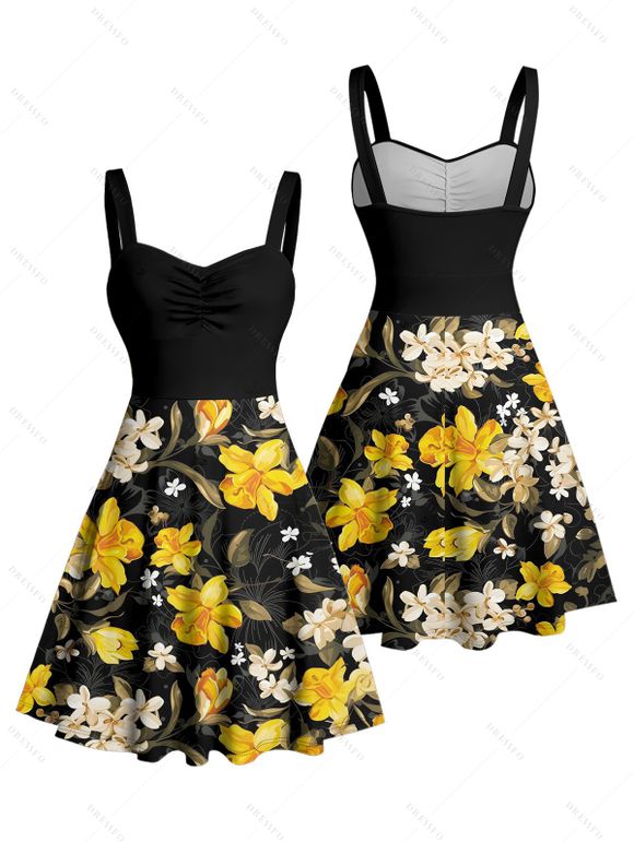 Robe de vacances à motif de feuilles de jonquilles, buste froncé, col en cœur, robe trapèze décontractée courte - Noir XL | US 12