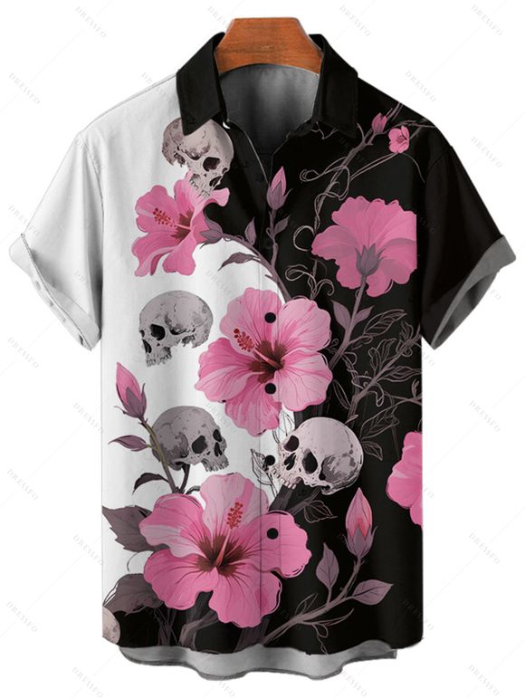 Chemise gothique à manches courtes et boutons pour homme, motif tête de mort et hibiscus, couleur contrastée, style vacances - Noir 5XL