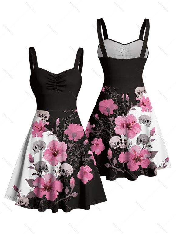 Robe gothique à motif de crânes et de fleurs d'hibiscus, couleur contrastée, buste froncé, col en cœur, mini robe de vacances trapèze - Noir M | US 6