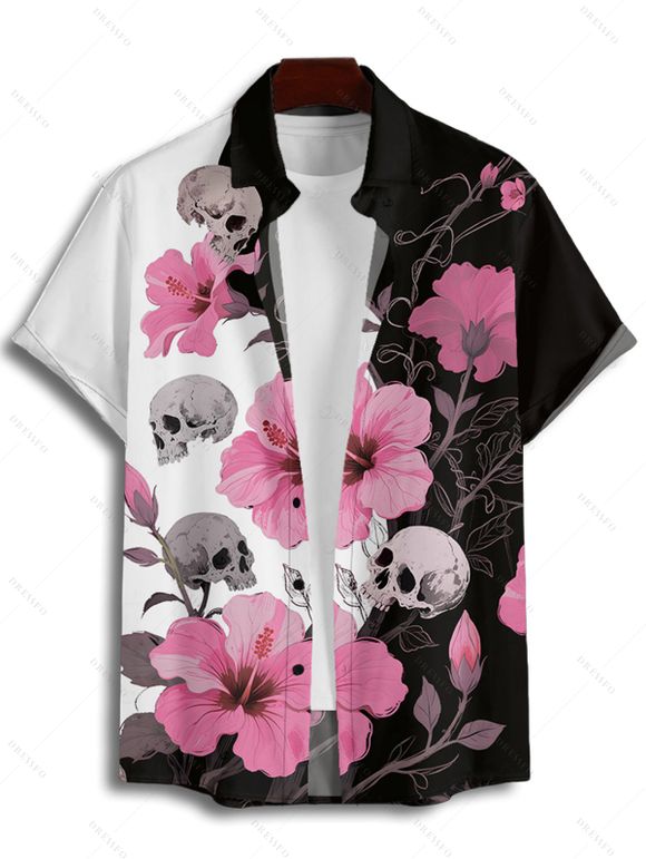 Chemise gothique à manches courtes et boutons pour homme, motif tête de mort et hibiscus, couleur contrastée, style vacances - Noir 5XL