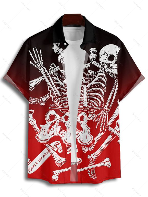Chemise gothique à manches courtes et boutons pour homme, motif squelette, crâne, ombré, style vacances - Rouge M