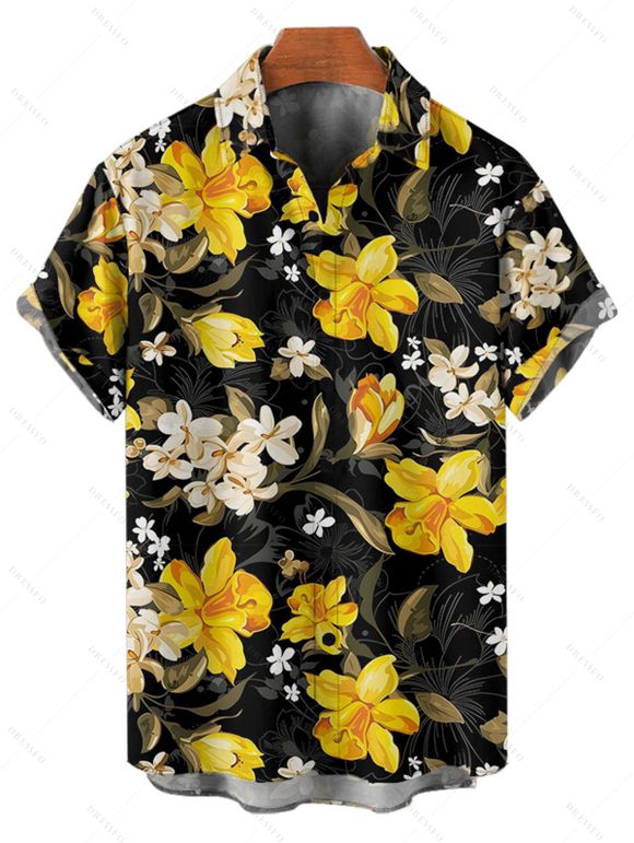 Chemise de vacances à motif jonquille pour homme, boutonnée, retroussée, manches courtes, décontractée - Noir 4XL