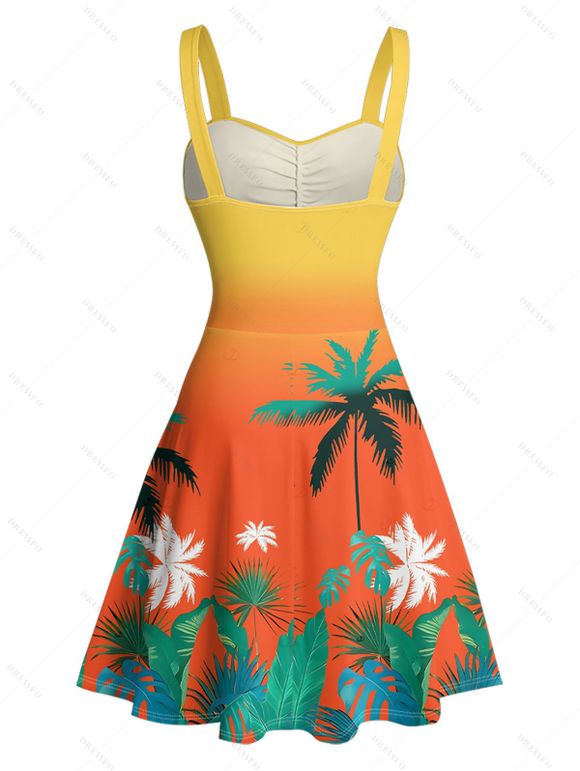 Robe de plage courte à col en cœur et ceinture froncée à motif de feuilles de cocotier ombré - Orange XXXXXL | US 20