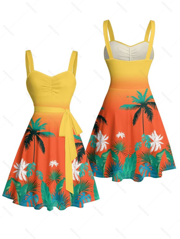 Robe de plage courte à col en cœur et ceinture froncée à motif de feuilles de cocotier ombré - Orange XXXXXL | US 20