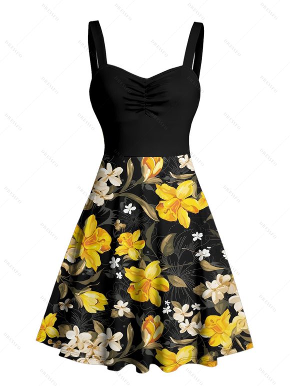 Vacation Couple Outfit Daffodil Leaf Pattern Ruched Bust Sweetheart Neck A Line Mini Dress and Button Up Shirt Casual Matching Outfit - Noir S | US 4