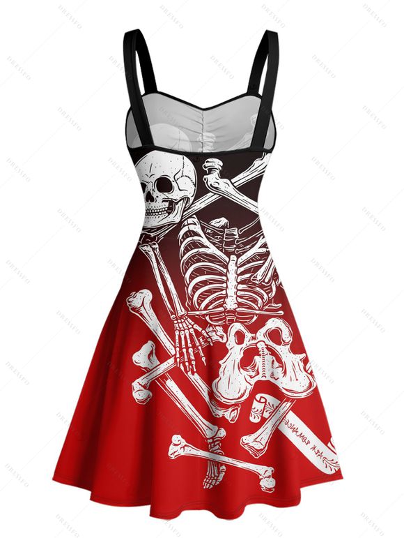 Robe gothique à motif squelette ombré et tête de mort, buste froncé, col en cœur, coupe trapèze, mini robe de vacances - Rouge XXXXXL | US 20