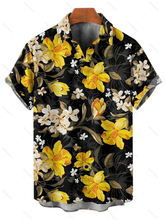 Vacation Couple Outfit Daffodil Leaf Pattern Ruched Bust Sweetheart Neck A Line Mini Dress and Button Up Shirt Casual Matching Outfit - Noir S | US 4