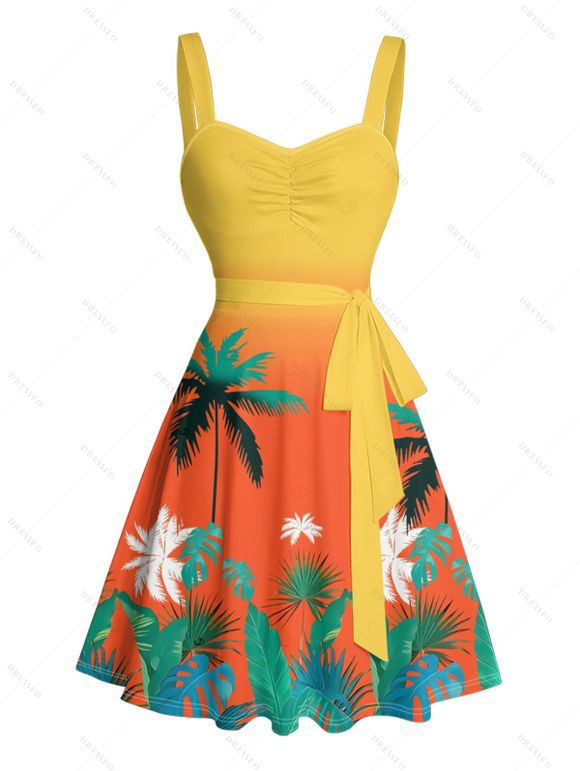 Vacation Couple Outfit Ombre Coconut Tree Leaf Pattern Ruched Bust Belt Sweetheart Neck Dress and Button Up Shirt Beach Matching Outfit - Orange S | US 4