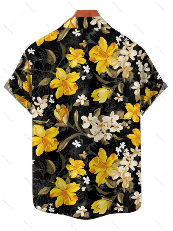 Vacation Couple Outfit Daffodil Leaf Pattern Ruched Bust Sweetheart Neck A Line Mini Dress and Button Up Shirt Casual Matching Outfit - Noir S | US 4