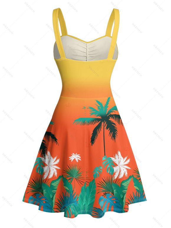 Vacation Couple Outfit Ombre Coconut Tree Leaf Pattern Ruched Bust Belt Sweetheart Neck Dress and Button Up Shirt Beach Matching Outfit - Orange S | US 4