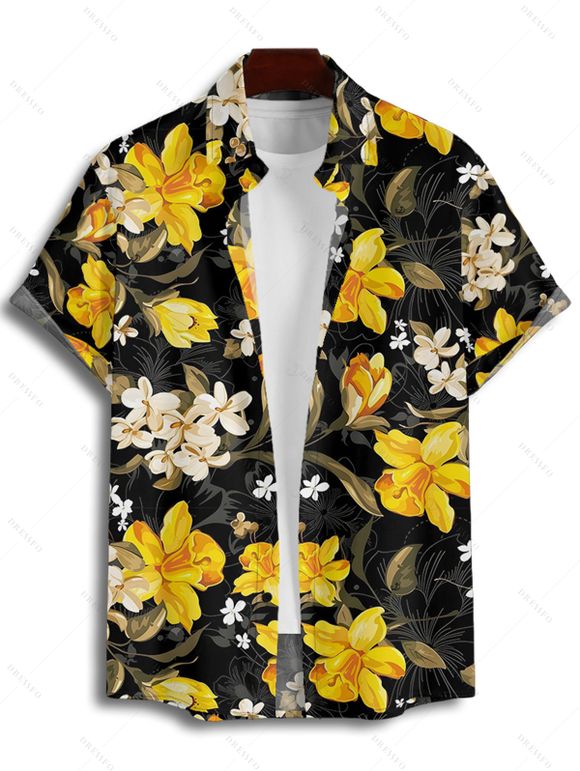 Vacation Couple Outfit Daffodil Leaf Pattern Ruched Bust Sweetheart Neck A Line Mini Dress and Button Up Shirt Casual Matching Outfit - Noir S | US 4