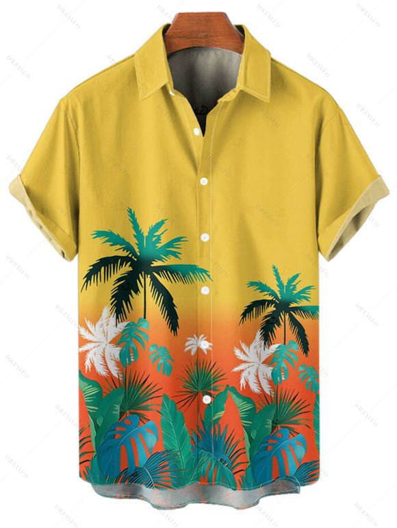 Vacation Couple Outfit Ombre Coconut Tree Leaf Pattern Ruched Bust Belt Sweetheart Neck Dress and Button Up Shirt Beach Matching Outfit - Orange S | US 4