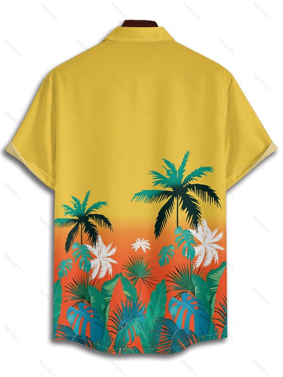 Vacation Couple Outfit Ombre Coconut Tree Leaf Pattern Ruched Bust Belt Sweetheart Neck Dress and Button Up Shirt Beach Matching Outfit - Orange S | US 4