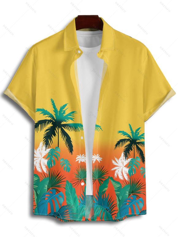 Vacation Couple Outfit Ombre Coconut Tree Leaf Pattern Ruched Bust Belt Sweetheart Neck Dress and Button Up Shirt Beach Matching Outfit - Orange S | US 4