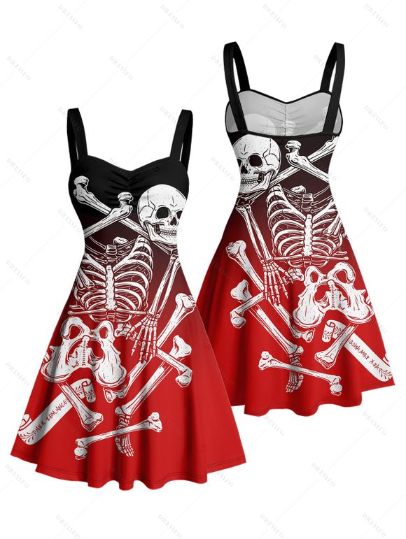 Gothic Couple Outfit Ombre Skeleton Bone Skulls Pattern Ruched Bust Dress and Button Up Shirt Holiday Matching Outfit - Rouge S | US 4