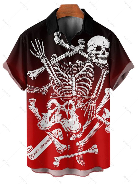 Gothic Couple Outfit Ombre Skeleton Bone Skulls Pattern Ruched Bust Dress and Button Up Shirt Holiday Matching Outfit - Rouge S | US 4