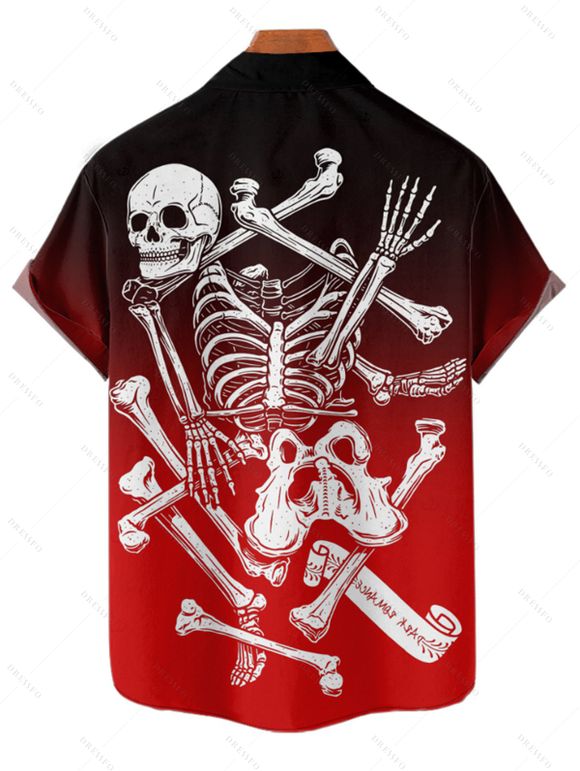 Gothic Couple Outfit Ombre Skeleton Bone Skulls Pattern Ruched Bust Dress and Button Up Shirt Holiday Matching Outfit - Rouge S | US 4