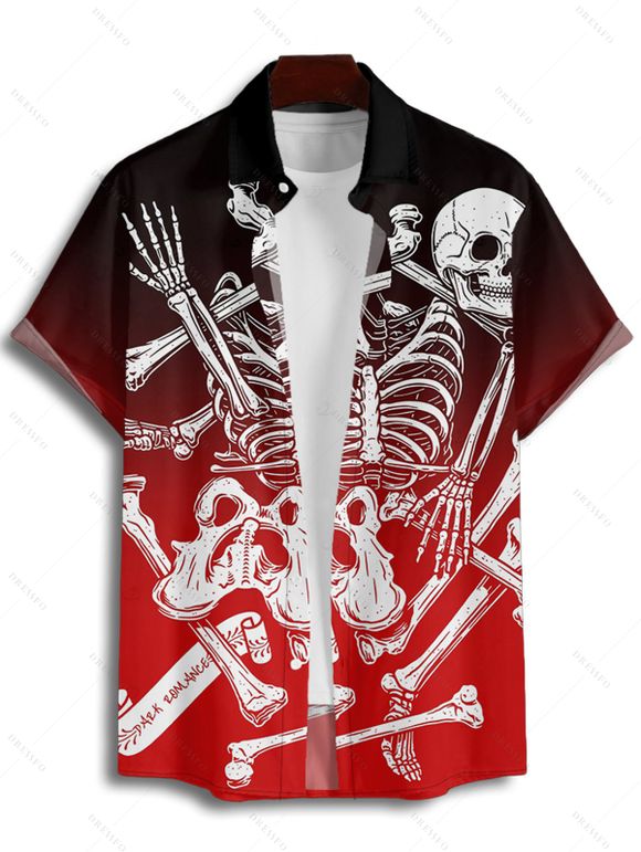 Gothic Couple Outfit Ombre Skeleton Bone Skulls Pattern Ruched Bust Dress and Button Up Shirt Holiday Matching Outfit - Rouge S | US 4