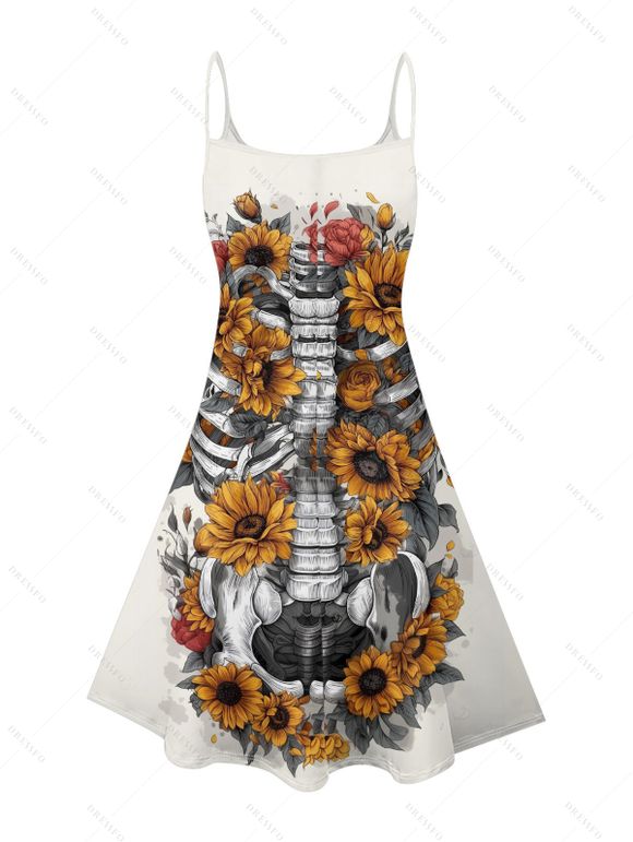 Gothic Couple Outfit Sunflower Skeleton Pattern Spaghetti Strap V Neck A Line Mini Tank Dress and Button Up Shirt Holiday Matching Outfit - Blanc S | US 4