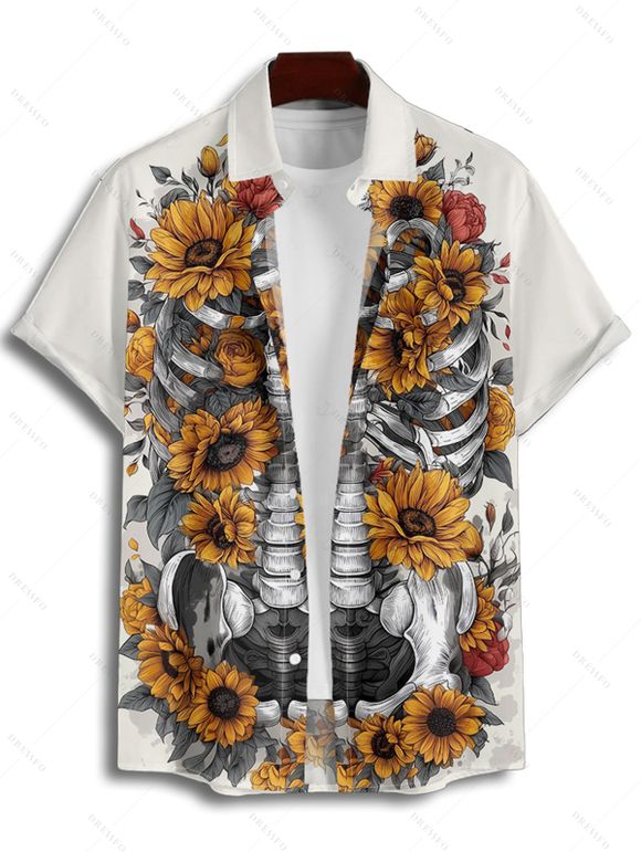 Gothic Couple Outfit Sunflower Skeleton Pattern Spaghetti Strap V Neck A Line Mini Tank Dress and Button Up Shirt Holiday Matching Outfit - Blanc S | US 4