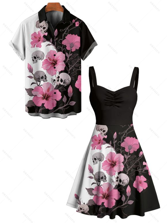 Gothic Couple Outfit Hibiscus Flower Skulls Pattern Contrast Color Ruched Bust Sweetheart Neck A Line Mini Dress and Button Up Shirt Holiday Matching Outfit - Noir S | US 4
