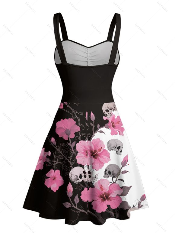 Gothic Couple Outfit Hibiscus Flower Skulls Pattern Contrast Color Ruched Bust Sweetheart Neck A Line Mini Dress and Button Up Shirt Holiday Matching Outfit - Noir S | US 4