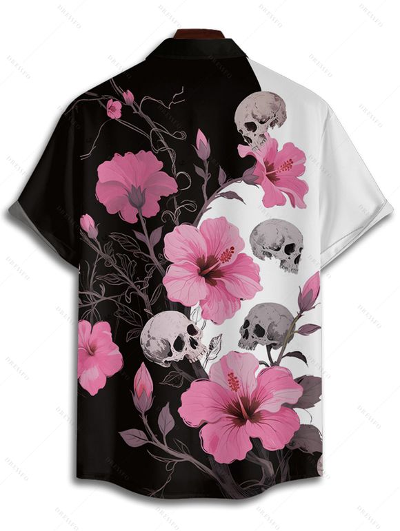 Gothic Couple Outfit Hibiscus Flower Skulls Pattern Contrast Color Ruched Bust Sweetheart Neck A Line Mini Dress and Button Up Shirt Holiday Matching Outfit - Noir S | US 4
