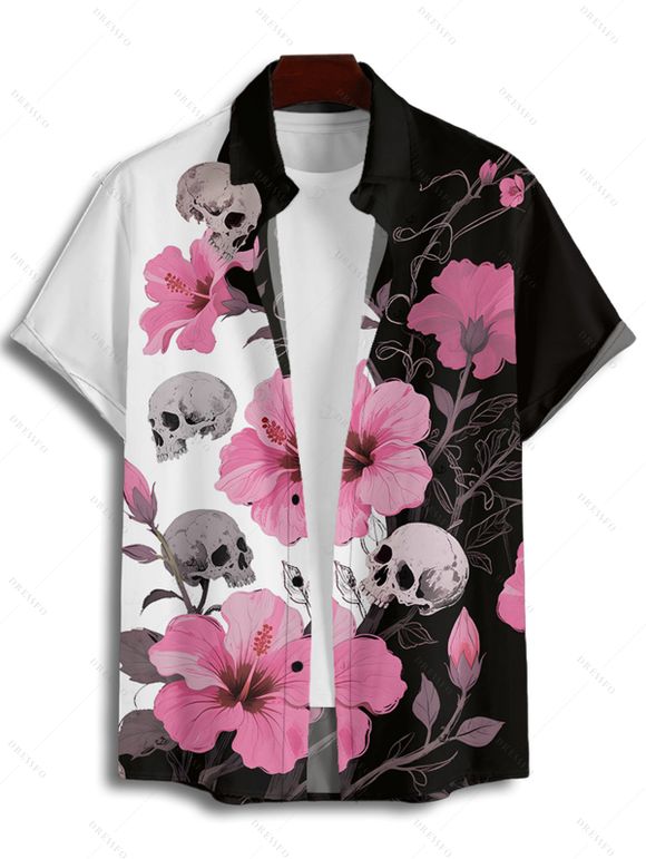 Gothic Couple Outfit Hibiscus Flower Skulls Pattern Contrast Color Ruched Bust Sweetheart Neck A Line Mini Dress and Button Up Shirt Holiday Matching Outfit - Noir S | US 4