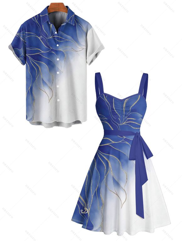Vacation Couple Outfit Ombre Glitter Leaf Pattern Ruched Bust Belt Sweetheart Neck Dress and Button Up Shirt Matching Outfit - BLUE GRAY S | US 4