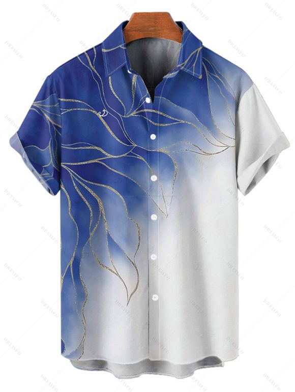 Vacation Couple Outfit Ombre Glitter Leaf Pattern Ruched Bust Belt Sweetheart Neck Dress and Button Up Shirt Matching Outfit - Bleu gris S | US 4