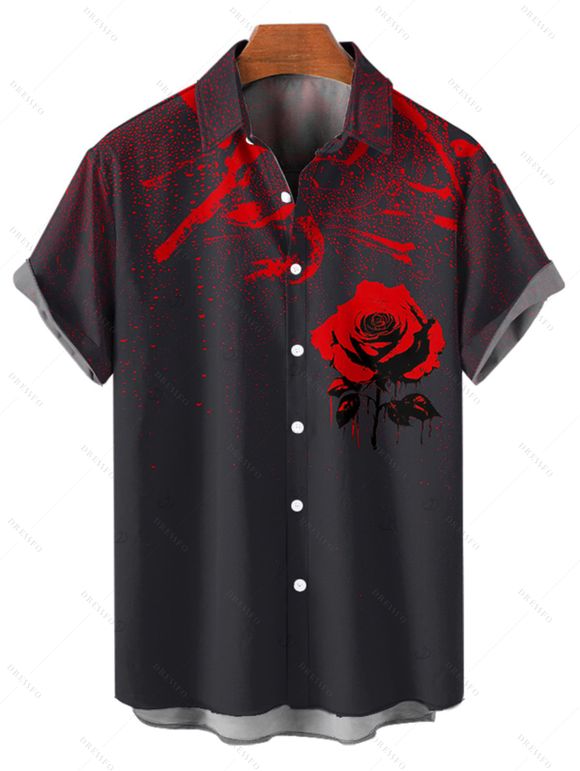 Chemise gothique à imprimé rose pour homme, boutonnée, retroussée, manches courtes, pour les vacances - Noir 5XL