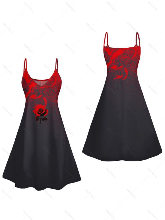 Robe gothique à imprimé rose, bretelles spaghetti, col en V, coupe trapèze, mini-robe débardeur de vacances - Noir XXXXXL | US 20