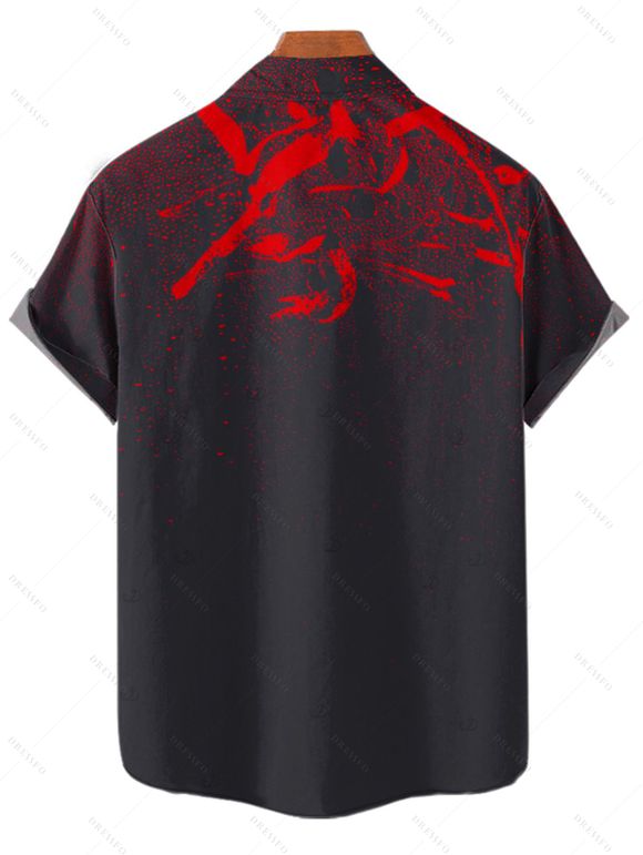 Chemise gothique à imprimé rose pour homme, boutonnée, retroussée, manches courtes, pour les vacances - Noir 5XL