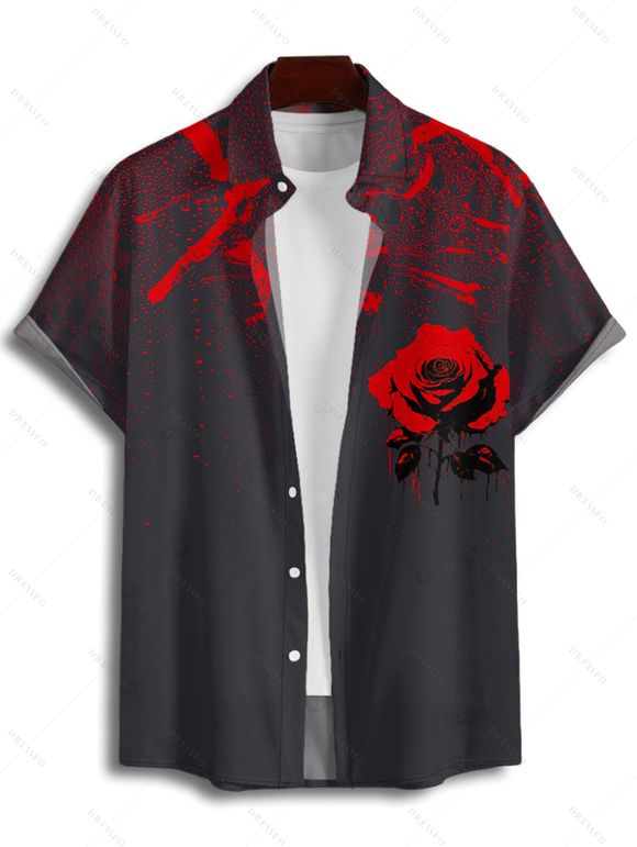 Chemise gothique à imprimé rose pour homme, boutonnée, retroussée, manches courtes, pour les vacances - Noir 5XL