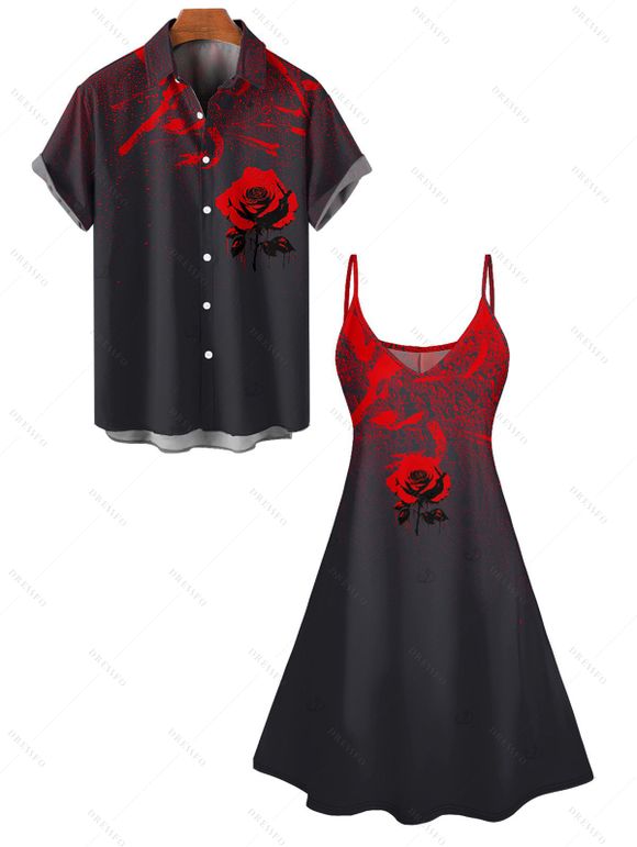 Gothic Couple Outfit Rose Printed Spaghetti Strap V Neck A Line Mini Tank Dress and Button Up Shirt Vacation Matching Outfit - Noir S | US 4