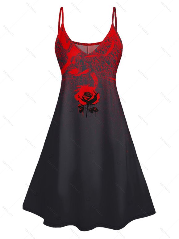 Gothic Couple Outfit Rose Printed Spaghetti Strap V Neck A Line Mini Tank Dress and Button Up Shirt Vacation Matching Outfit - Noir S | US 4