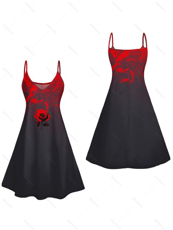 Gothic Couple Outfit Rose Printed Spaghetti Strap V Neck A Line Mini Tank Dress and Button Up Shirt Vacation Matching Outfit - Noir S | US 4