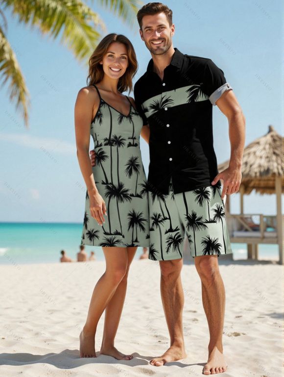 Vacation Style Palm Tree Printed Strapless Dress with Mens Short Sleeve Shirt and Mens Beach Pants Three Piece Set - Vert clair S | US 4