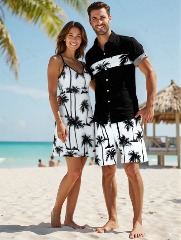 Vacation Style Palm Tree Printed Strapless Dress with Mens Short Sleeve Shirt and Mens Beach Pants Three Piece Set - Blanc S | US 4