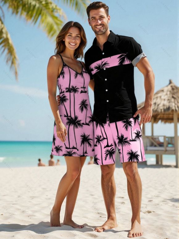 Vacation Style Palm Tree Printed Strapless Dress with Mens Short Sleeve Shirt and Mens Beach Pants Three Piece Set - Rose clair S | US 4