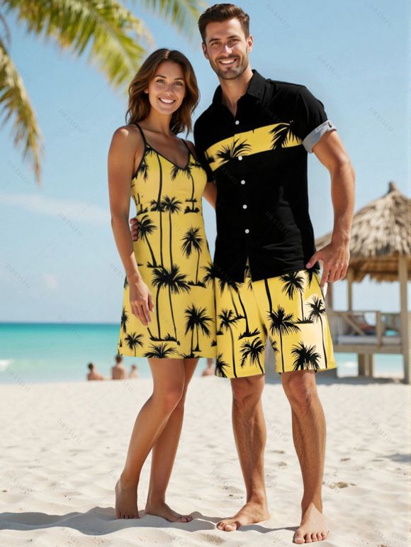 Vacation Style Palm Tree Printed Strapless Dress with Mens Short Sleeve Shirt and Mens Beach Pants Three Piece Set - YELLOW S | US 4