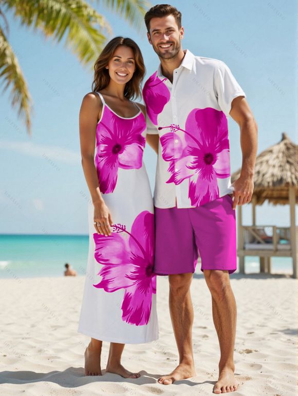 Vacation Couple Outfit Tropical Floral Pattern Spaghetti Strap Pocket A Line Long Dress and Roll Up Sleeve Solid Color Drawstrings Shorts Matching Outfit - Rose clair S | US 4